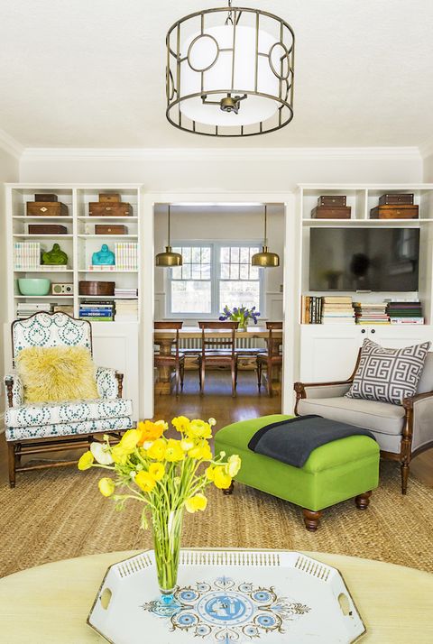 living room ideas eclectic living room with a green stool and entrance to dining room