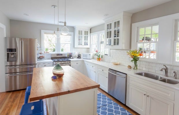 Countertop, Room, Property, Kitchen, Furniture, Cabinetry, White, Interior design, Building, Floor, 