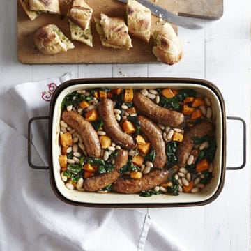 roasted sausages and sweet potato white bean stew