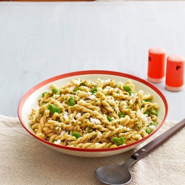 fava bean pasta salad with garlic scape pesto