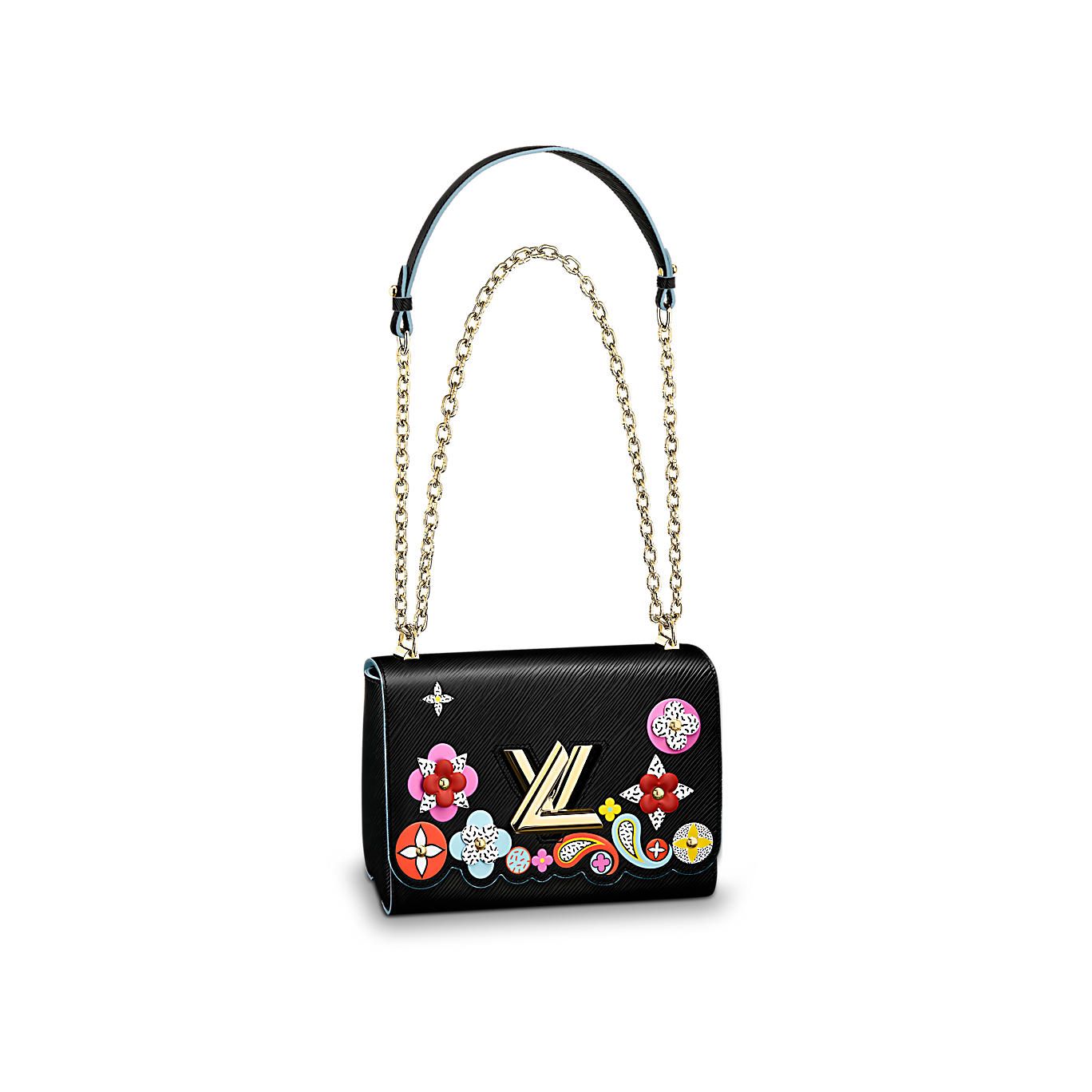 Borsa Twist MM Louis Vuitton in pelle Epi nera con doppia catena dorata e  fiori