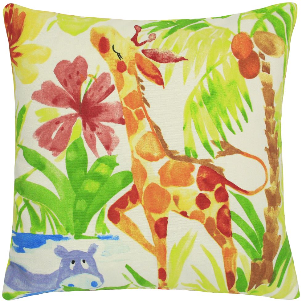 <p>Una giraffa a spasso nella Savana dipinta sul cuscino di Kissen Tropicana Paradise.</p>