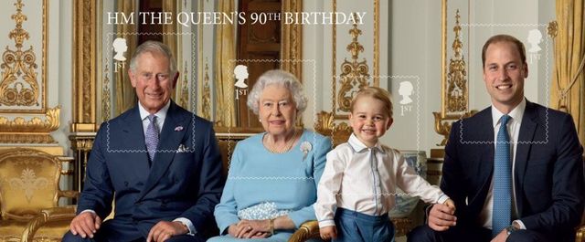Il principe George, la regina Elisabetta, Carlo e William ritratti dalla Royal Mail
