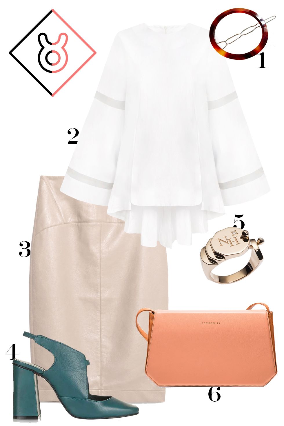 <p>Left to your own devices, you might just look too...beige. Here, we add some interest with a sheer-panel bell-sleeve top and a standout bag and shoe. </p><p>1. Urban Outfitters tortoiseshell hair clip, $12, <a href="http://rstyle.me/n/bnj49nbqb8f">urbanoutfitters.com</a>.</p><p>2. Pixie Market bell-sleeve organza-panel top, $126, <a href="http://rstyle.me/n/bmivuzbqb8f">pixiemarket.com</a>.</p><p>3. Zara faux leather skirt, $40, <a href="http://www.zara.com/us/en/woman/skirts/midi/faded-faux-leather-pencil-skirt-c401024p3275469.html">zara.com</a>.</p><p>4. Topshop slingback shoes, $130, <a href="http://rstyle.me/n/bnj47rbqb8f">topshop.com</a>.</p><p>5. Nouvel Heritage signet ring, $2,200, <a href="http://www.nouvelheritage.com/products/gold-signet-ring">nouvelheritage.com</a>.</p><p>6. Candamill leather bag, $900, <a href="http://www.candamill.com/shop-candamill-accessories/eero-terracotta">candamill.com</a>.</p>