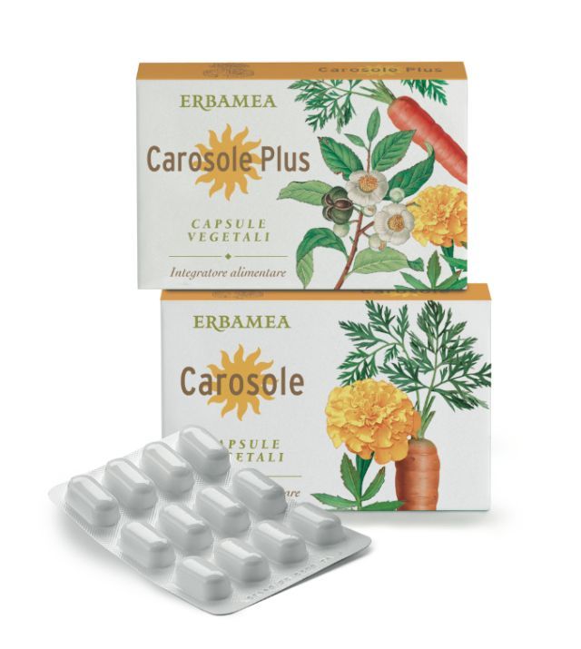 <p>Ogni capsula di Carosole Capsule Vegetali Plus di Erbamea contiene 7,5 mg di beta-carotene, che l'organismo trasforma in Vitamina A per mantenere la pelle sana e in buono stato. Nella formula anche estratti secchi di radice di carota, foglie di tè verde e fiori di tagete oltre a Coenzima Q10, beta-carotene e L-Tirosina, che l'organismo utilizza per la produzione di melanina (9 euro, 24 capsule, in farmacia e in erboristeria). Disponibile anche nella formula base Erbamea Carosole.</p>