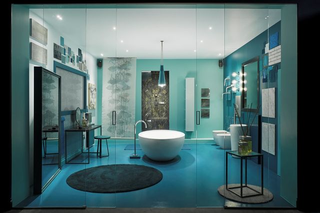 Blue, Interior design, Floor, Room, Flooring, Glass, Teal, Turquoise, Ceiling, Tile, 
