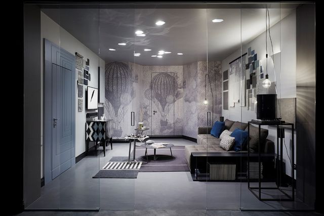 Floor, Interior design, Room, Flooring, Ceiling, Couch, Interior design, Black-and-white, Grey, Monochrome photography, 