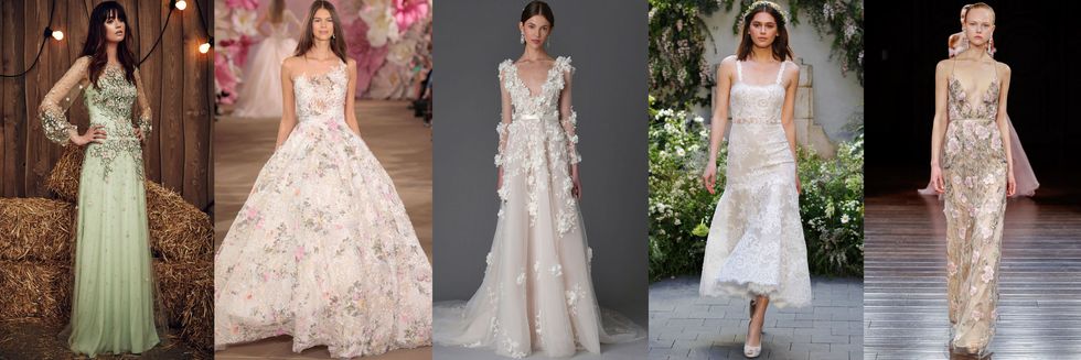 <p>Florals are no stranger to the bridal world, but this season's bold take on blooms were typically featured in delicate pastel threadwork, appliqués, beadwork and prints. In cases where the theme wasn't literally embroidered, the silhouettes did the talking, employing three-dimensional floral embellishments or silhouettes that begged for a splendor-in-the-grass photo-op.  On the hunt for a look to suit an outdoor affair? Look no further than these fresh picks.</p><p><em>From left: <a href="http://JennyPackham.com" target="_blank">Jenny Packham</a>; <a href="http://inesdisanto.com" target="_blank">Ines di Santo</a>; <a href="http://instagram.com/marchesafashion" target="_blank">Marchesa</a>; <a href="https://www.moniquelhuillier.com/" target="_blank">Monique Lhuillier</a>; </em><a href="http://naeemkhan.com" target="_blank"><em>Naeem Khan</em></a></p>