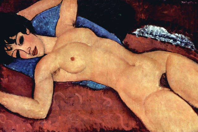 <p>Amedeo Modigliani began his professional career in Paris as a sculptor, before transitioning to work on canvas.  His deep influences from African sculpture and Cubism are readily apparent in his painted nudes, in which one can practically feel the presence of the model.  Reclining Nude's eroticism is so palpable that when the painting was displayed in Paris in 1917, the gallery was almost immediately closed by police due to obscenity.  Now the work stands as one of the true masterpieces of the early 20th century.</p>