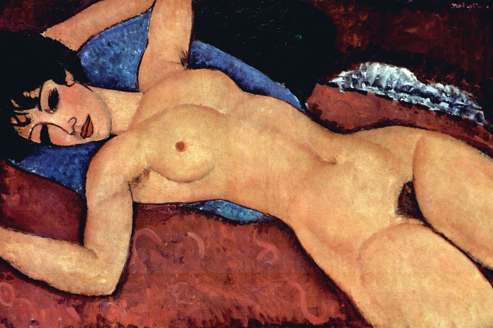 <p>Amedeo Modigliani began his professional career in Paris as a sculptor, before transitioning to work on canvas.  His deep influences from African sculpture and Cubism are readily apparent in his painted nudes, in which one can practically feel the presence of the model.  Reclining Nude's eroticism is so palpable that when the painting was displayed in Paris in 1917, the gallery was almost immediately closed by police due to obscenity.  Now the work stands as one of the true masterpieces of the early 20th century.</p>