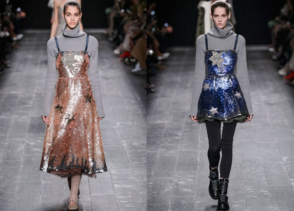 <p>Transition a glittery dress to day by pairing it with a turtleneck like at Valentino.</p>