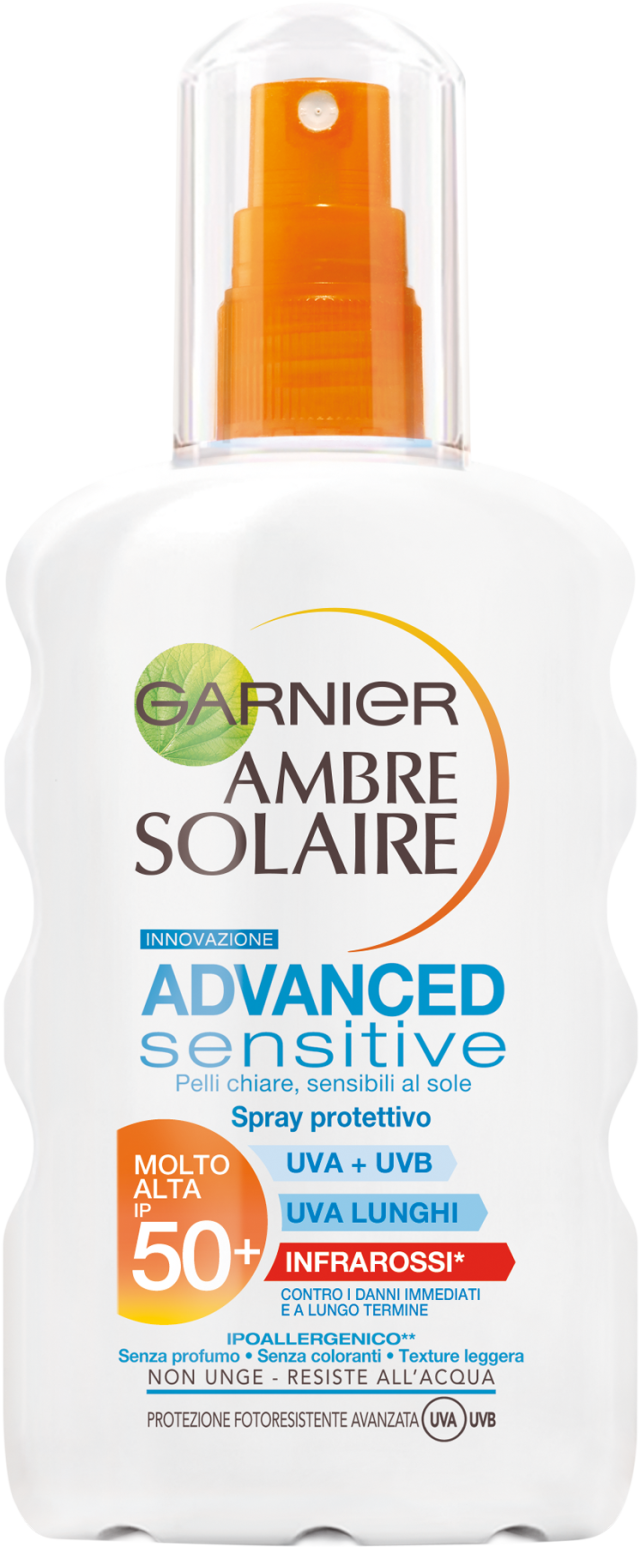 <p>Ambre Solaire Advanced Sensitive + Infrarossi Spray Protettivo di Garnier protegge dai raggi UVA, UVB, UVA lunghi e infrarossi. Questi ultimi determinano una diminuzione nel livello di antiossidanti e un aumento nella formazione di radicali liberi sulla pelle (16,90 euro).</p>