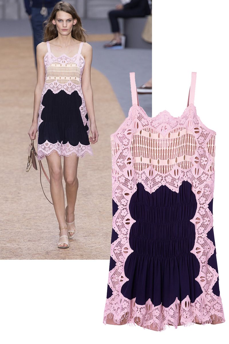 <p>When the sun goes down, a little color can go a long way. This pastel find works from day-to-dance-floor thanks to the navy paneling. </p><p><br></p><p><em>Chloé</em><em> navy and pink lace dress, $3,450, <a href="https://shop.harpersbazaar.com/designers/c/chlo/crepe-de-chine-8337.html" target="_blank">shopBAZAAR.com</a>. </em></p>