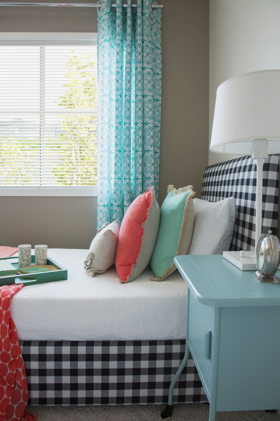 Blue, Green, Room, Interior design, Textile, Teal, Turquoise, Linens, Home, Window treatment, 