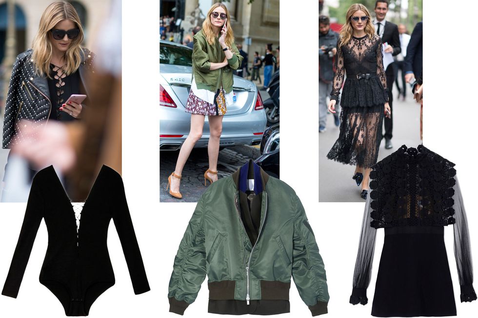 <p>What Olivia Palermo wears, the fashion world follows.</p><p><em><br></em></p><p><em>T by Alexander Wang lace-up bodysuit, $172, <a href="https://shop.harpersbazaar.com/designers/t/t-by-alexander-wang/top-8834.html" target="_blank">shopBAZAAR.com</a>; Sacai bomber jacket, $1,115, <a href="https://shop.harpersbazaar.com/designers/s/sacai/layered-baseball-jacket-8914.html" target="_blank">shopBAZAAR.com</a>; Self-Portrait dress, $274 (sale), <a href="https://shop.harpersbazaar.com/designers/s/self-portrait/black-lace-mini-9385.html" target="_blank">shopBAZAAR.com</a>. </em><em></em></p>