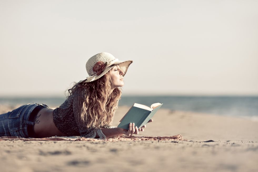 Jeans, People in nature, Hat, Summer, Denim, Sunlight, Travel, Beach, Reading, Flash photography, 