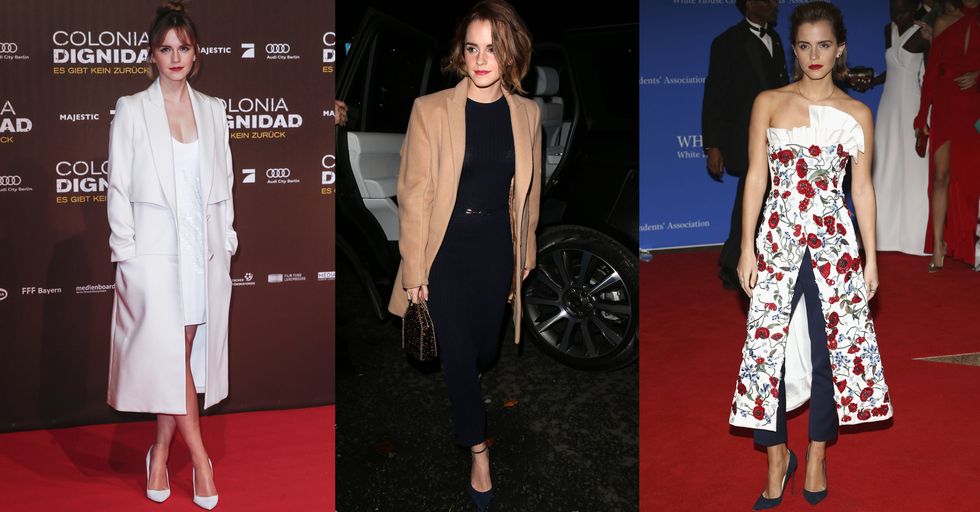 <p>Emma Watson brings a bit of polish to each of her ensembles—even when she's taking chances by pairing a dress over trousers, it's done with grace. </p>