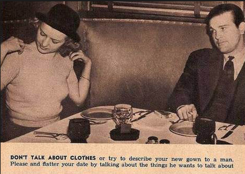 <p>Il già citato tutorial del 1938 riteneva che le donne volessero parlare solo di una cosa: i vestiti. Ma che davvero? Non c'è mica da prepararsi i discorsi quando si incontra qualcuno! Quando si ha un appuntamento l'importante è parlare e non starsene in silenzio. </p>