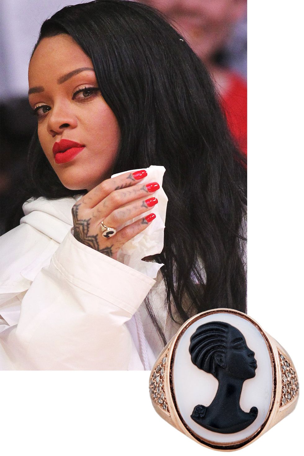 <p>As the designer aptly explains, "Rihanna is a queen, i'ts only natural that she should wear something ancient and regal like the cameo."</p><p><em> Jacquie Aiche ring, $3,125, <a href="http://jacquieaiche.com/products/carved-agate-robyn-cameo-ring" target="_blank">jacquieaiche.com</a>. </em></p>