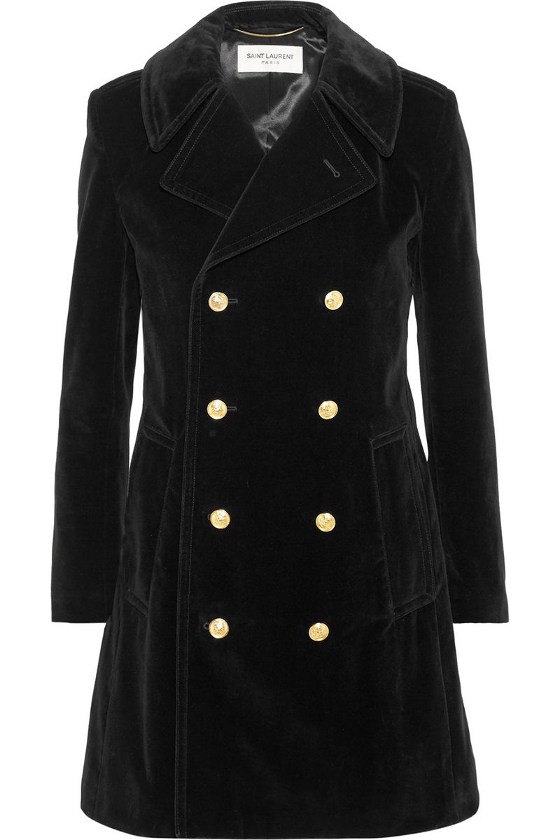 <p><em>Saint Laurent coat, $2,990, <a href="https://www.net-a-porter.com/us/en/product/736814/saint_laurent/double-breasted-cotton-velvet-peacoat" target="_blank">net-a-porter.com</a>.</em></p>