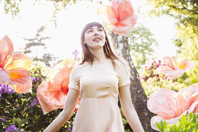 Petal, Dress, Peach, Flower, Pink, People in nature, Beauty, Spring, Day dress, Photography, 