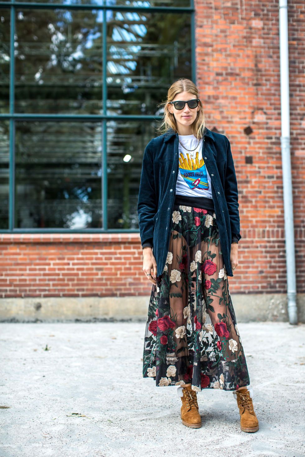 <p>Veronika Heilbrunner pairs her logo tee with a haute skirt at Copenhagen Fashion Week.</p>