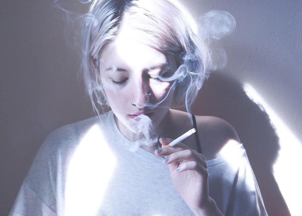 Lip, Smoking, Eyelash, Cigarette, Sweater, Portrait photography, Portrait, Makeover, Tobacco products, Smoke, 