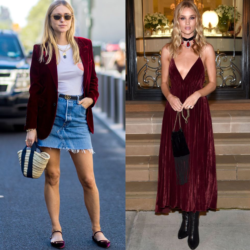 <p>Pernille Teisbaek and Rosie Huntington-Whiteley (in Ralph Lauren) prove the power of wine-hued velvet in casual and evening looks.</p>