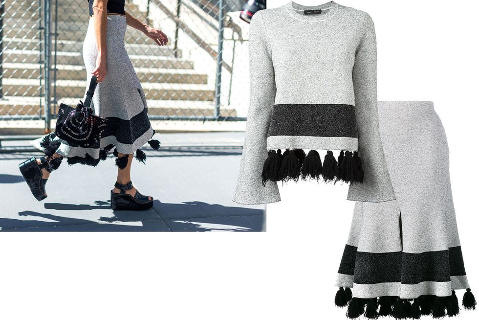 <p>Proenza's tassel situation has us wanting to wear these together and separately.&nbsp;</p><p><em data-verified="redactor" data-redactor-tag="em">Proenza Schouler sweater, $1,150, <strong data-redactor-tag="strong" data-verified="redactor"><a href="https://shop.harpersbazaar.com/p/proenza-schouler/tassel-detail-jumper-9978.html" target="_blank">shopBAZAAR.com</a></strong>;&nbsp;<em data-redactor-tag="em">Proenza Schouler skrit, $1,250, <strong data-redactor-tag="strong" data-verified="redactor"><a href="https://shop.harpersbazaar.com/p/proenza-schouler/flared-tasseled-skirt-9974.html" target="_blank">shopBAZAAR.com</a></strong>.&nbsp;</em><span class="redactor-invisible-space"></span></em><br></p>