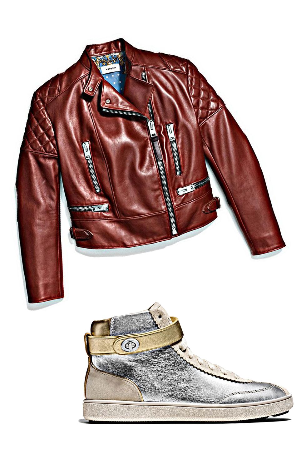 <p>Wearing a colored leather motorcycle jacket will never <em data-redactor-tag="em">not</em> feel like paying homage to '80s-era pop—but ground your look firmly in the 21st-century by pairing the iconic leather piece with sleek metallic high-tops. This pair is one of our fall favorites—the luxe turnlock closure is a nice finishing touch.
</p><p><br>
</p><p><em data-redactor-tag="em">Coach 1941 Icon Leather Biker Jacket, $1495, <a rel="noskim" href="http://www.coach.com/coach-designer-winter-jackets-icon-leather-biker-jacket/56842.html?CID=D_B_HBZ_11847" target="_blank">coach.com</a>; Coach 1941 C213 High Top Sneaker, $350, <a rel="noskim" href="http://www.coach.com/coach-designer-sneakers-c213-high-top-sneaker/Q8922.html?CID=D_B_HBZ_11848" target="_blank">coach.com</a></em><span class="redactor-invisible-space" data-verified="redactor" data-redactor-tag="span" data-redactor-class="redactor-invisible-space"><em data-redactor-tag="em"></em></span><br></p>