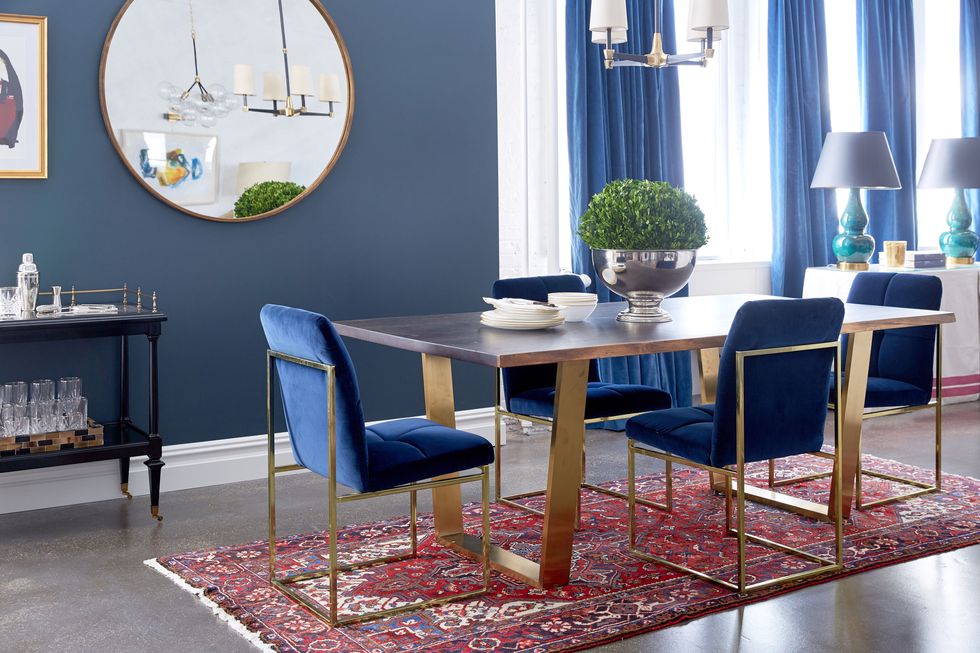 <p>"Navy, indigo and all shades of blue are fall's answer to color. Make it velvet like these gorgeous chairs and your interior will be spot on. Deep, rich colors not only add dimension to interiors, but they are the anchor to the design. Blue is timeless, so dive in."<span class="redactor-invisible-space" data-verified="redactor" data-redactor-tag="span" data-redactor-class="redactor-invisible-space"></span></p>