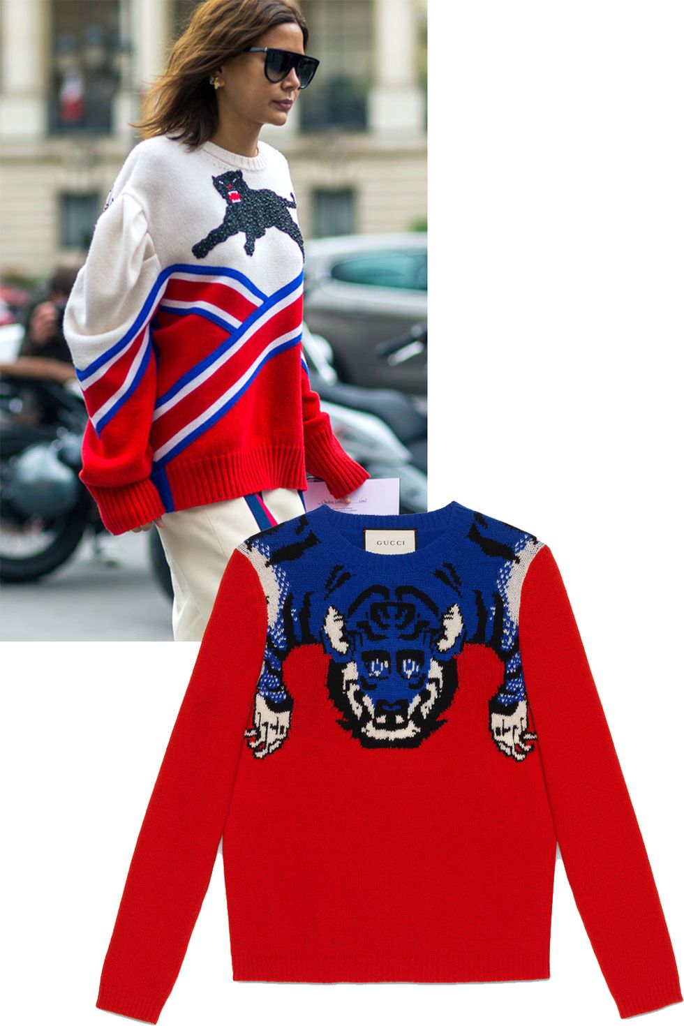 <p>The eighties revival edged its way in, including loud and oversized sweaters.&nbsp;</p><p><em data-redactor-tag="em" data-verified="redactor">Gucci sweater, $1,290, <strong data-redactor-tag="strong" data-verified="redactor"><a href="https://shop.harpersbazaar.com/designers/g/gucci/merino-tiger-sweater-9646.html" target="_blank">shopBAZAAR.com</a></strong>.&nbsp;&nbsp;</em></p>