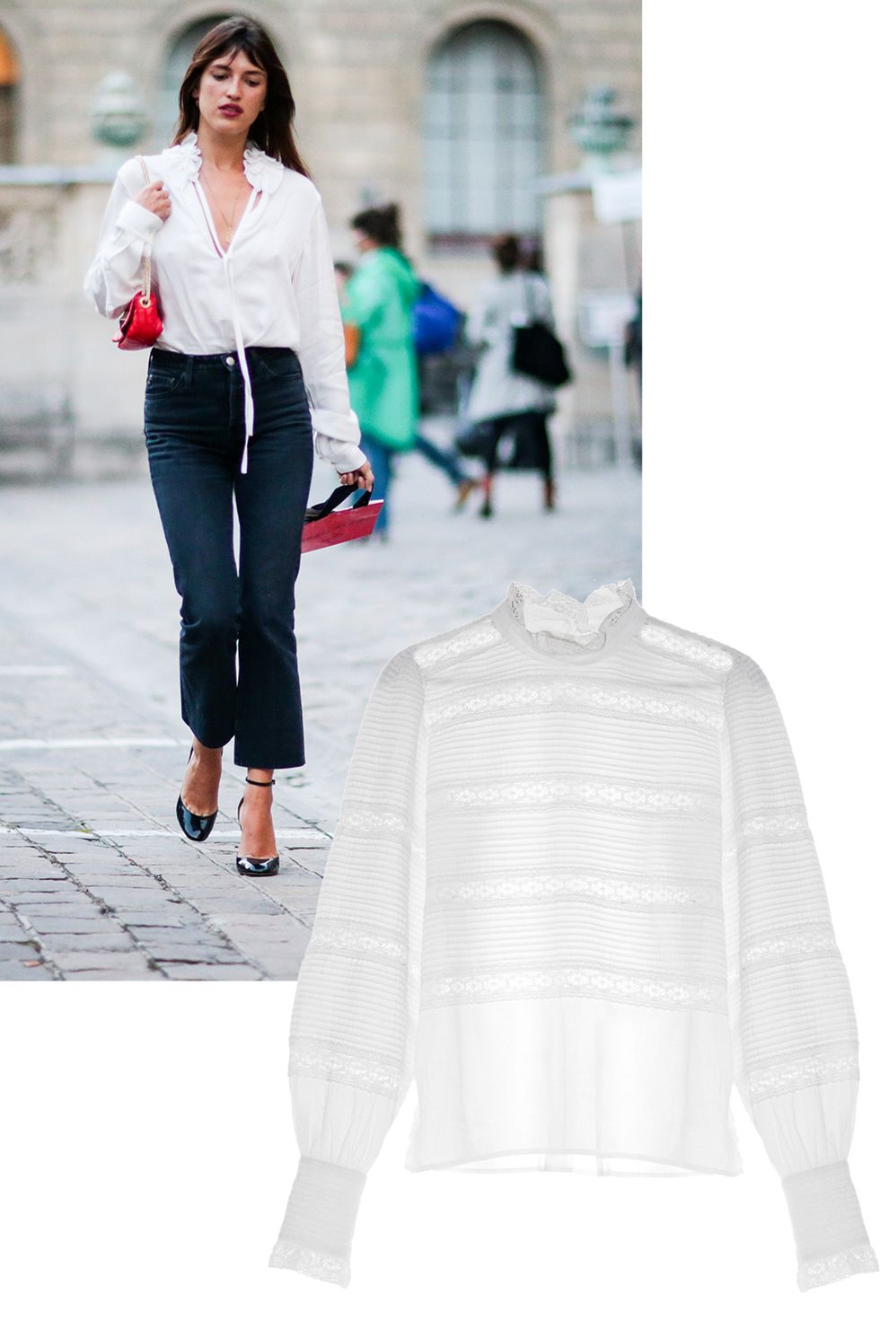 <p>Who: Jeanna Damas</p><p>What: A pretty blouse and cropped trousers gives that ideal French girl chic.</p><p><em data-redactor-tag="em" data-verified="redactor">Isabel Marant 'Etoile' blouse, $405</em><span class="redactor-invisible-space" data-verified="redactor" data-redactor-tag="span" data-redactor-class="redactor-invisible-space"><em data-redactor-tag="em" data-verified="redactor">, <a href="http://www.matchesfashion.com/us/products/Isabel-Marant-%C3%89toile-Ria-high-neck-lace-insert-blouse-1059571" target="_blank">matchesfashion.com</a>.&nbsp;</em></span></p>