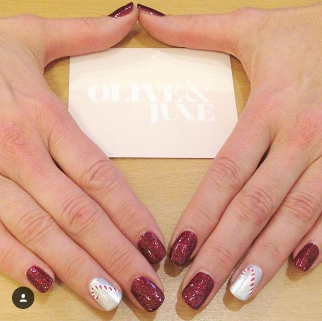 <p>These cute little candy canes were created using Kure Bazaar Nail Polish in Platinum and Essie Nail Color in Red Silver.</p><p><a href="https://www.instagram.com/oliveandjune/?hl=en" target="_blank" data-tracking-id="recirc-text-link"><em data-redactor-tag="em" data-verified="redactor">@oliveandjune</em></a></p>