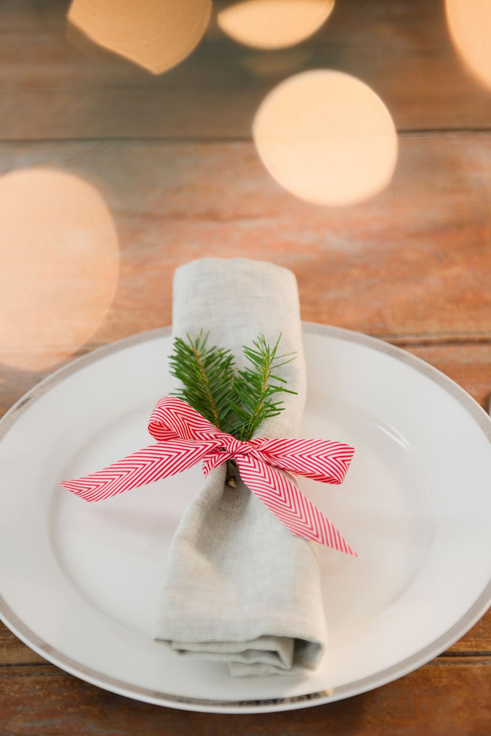 <p>Tie up each napkin with a fir branch and holiday ribbon.</p>