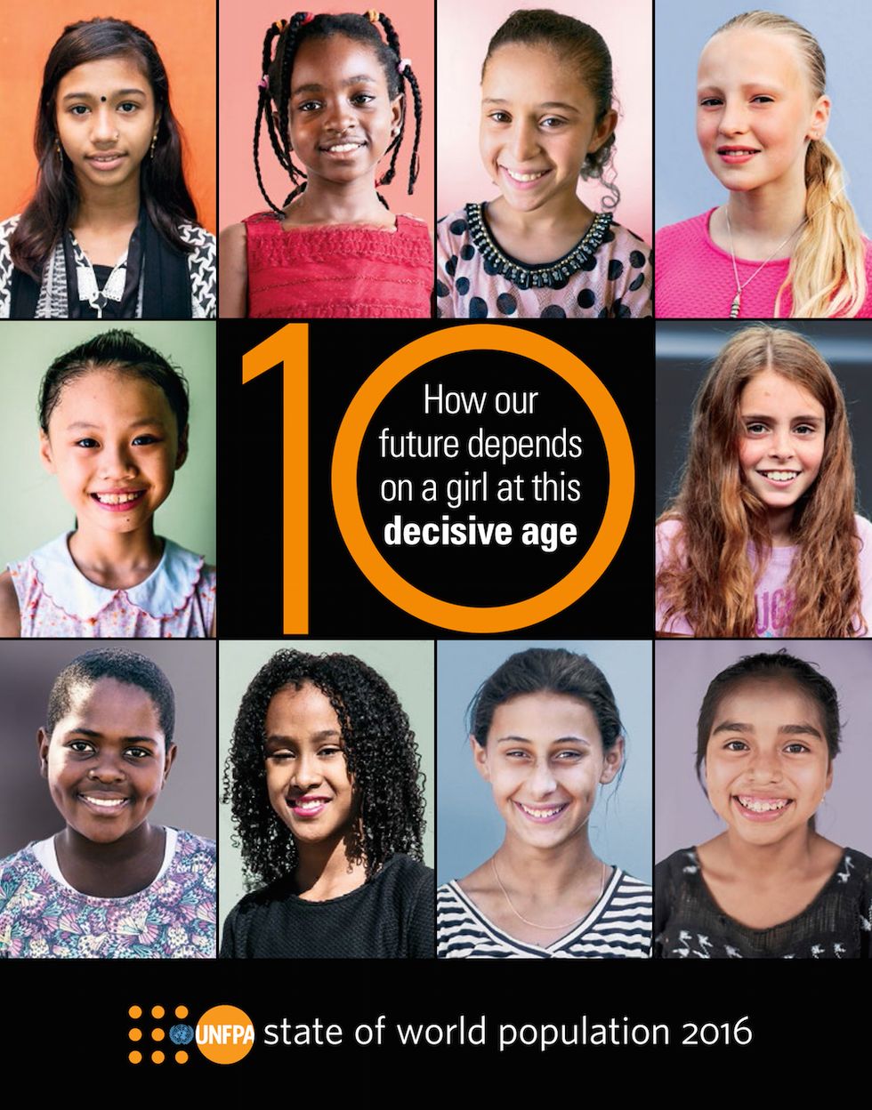 La copertina del Rapporto Unfpa 2016 con i volti di 10 bambine di 10 anni.