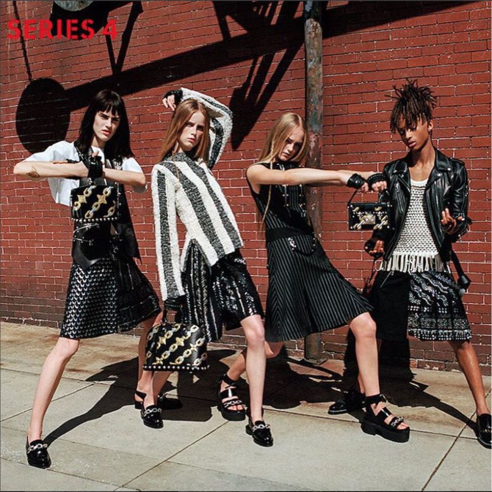 <p>Making a giant leap towards gender neutrality, Louis Vuitton cast Jaden Smith in its Series 4 womenswear campaign—wearing women's clothes. The 18-year old wore a Vuitton pleated skirt, tasseled shirt and leather jacket alongside models Sarah Brannon, Jean Campbell, and Rianne Van Rompae—nonchalantly breaking down gender barriers while doing so. </p>
