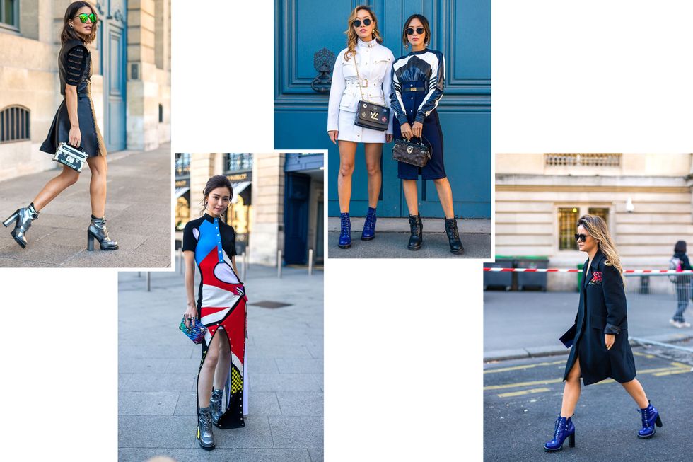 <p>The Vuitton lug sole-lace-up boot in silver, black and blue with contrasting laces was an undeniable favorite at the most recent fashion month. We knew they were destined for greatness when we spotted them on Ghesquiere's runway months before. </p>