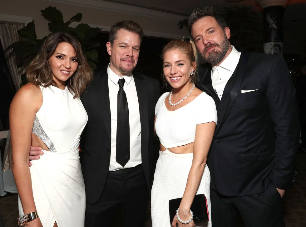 BEVERLY HILLS, CA - JANUARY 08:  Luciana Barroso, Matt Damon, Sienna Miller, and Ben Affleck attend Amazon Studios Golden Globes Celebration at The Beverly Hilton Hotel on January 8, 2017 in Beverly Hills, California.  (Photo by Todd Williamson/Getty Images for Amazon)