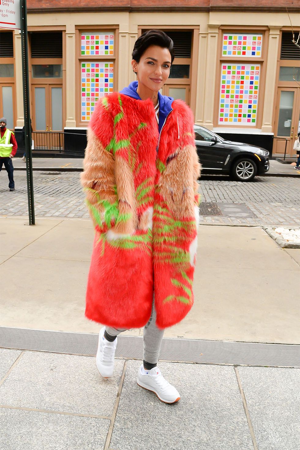 <p>Ruby Rose wears a neon&nbsp;coat with impact.&nbsp;</p>