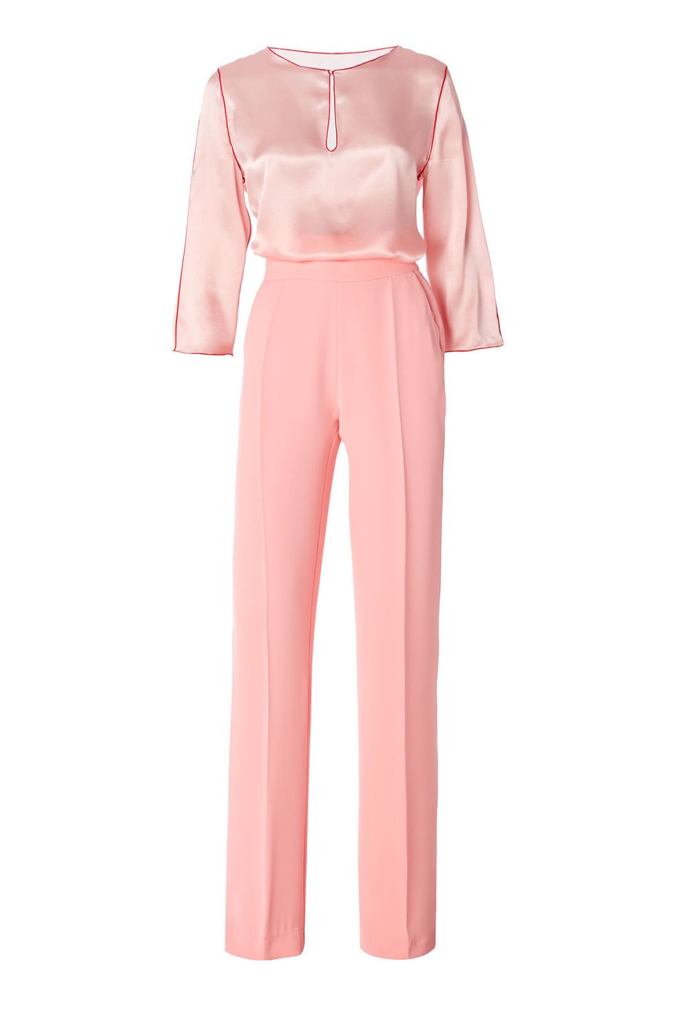 Ecco un outfit per invitate a un matrimonio, abito da cerimonia completo pantalone rosa di Atelier Emé