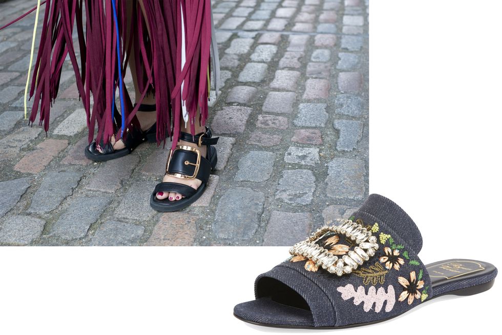 <p>Make a statement with oversized buckles in feminine form. </p><p><em data-verified="redactor" data-redactor-tag="em">Roger Vivier slides, $1,695, <a href="http://www.neimanmarcus.com/Roger-Vivier-Strass-Buckle-Floral-Denim-Slide-Sandal-Black-Blue/prod196950461/p.prod?icid=&amp;searchType=MAIN&amp;rte=%2Fsearch.jsp%3Ffrom%3DbrSearch%26request_type%3Dsearch%26search_type%3Dkeyword%26q%3Droger+vivier+shoes&amp;eItemId=prod196950461&amp;cmCat=search&amp;tc=117&amp;currentItemCount=57&amp;q=roger+vivier+shoes&amp;searchURL=/search.jsp%3Ffrom%3DbrSearch%26start%3D0%26rows%3D30%26q%3Droger+vivier+shoes%26l%3Droger+vivier+shoes%26request_type%3Dsearch%26search_type%3Dkeyword" data-tracking-id="recirc-text-link">neimanmarcus.com</a>.</em><br></p>