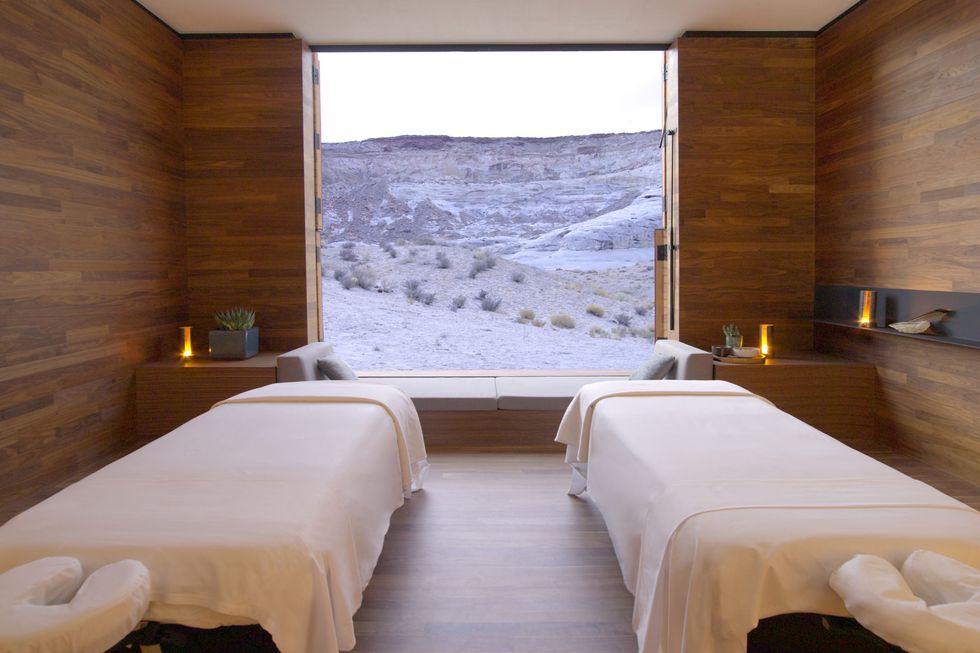 <p><span>With floor-to-ceiling glass windows looking out over stark mountains and canyons, the suites at Amangiri embrace&nbsp;</span><span>the raw Utah aesthetic. In the centre of the hotel sits a heated swimming pool at the base of an imposing sandstone cliff. Its waters are said to have a healing energy that emanates from the surrounding rocks, and a 25,000-square-foot spa takes its lead from ancient Navajo traditions. Relax in the sauna, steam-room or plunge pool, and recharge your batteries through restorative, candlelit yoga.</span></p><p><i data-redactor-tag="i">From about £1,250 a room a night (<a href="http://www.aman.com" target="_blank" data-tracking-id="recirc-text-link">aman.com</a>).</i></p>