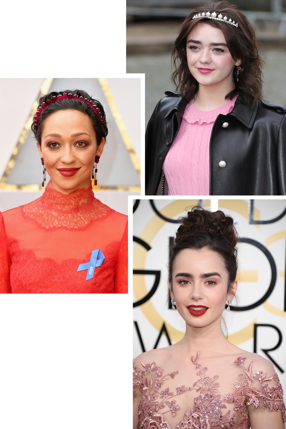 <p>Ruth Negga and Maisie Williams both wore sparkly tiaras on recent red carpets, while Lily Collins piled her hair into a braided updo for the <em data-redactor-tag="em" data-verified="redactor">Golden Globes </em>that served-up major cinematic princess vibes. </p>