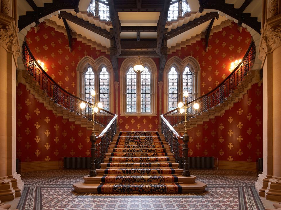 Stairs, Building, Architecture, Interior design, Room, Ceiling, Symmetry, House, Palace, Estate, 