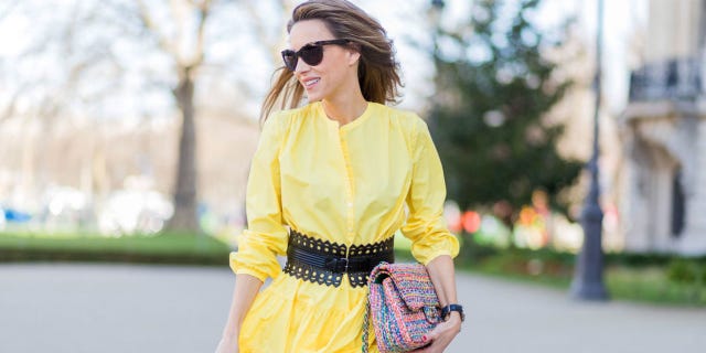 Clothing, Yellow, Street fashion, Fashion, Shoulder, Pink, Dress, Eyewear, Waist, Sunglasses, 