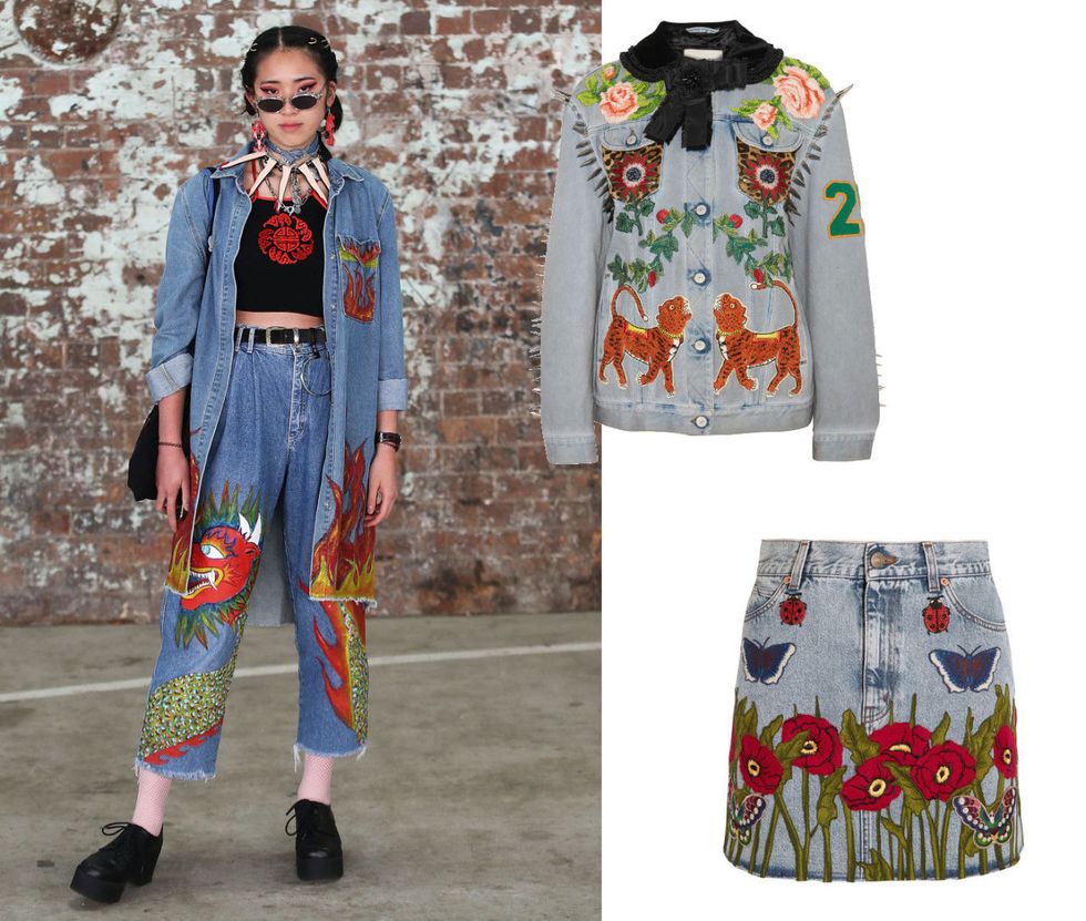 Total denim primavera estate 2017 con minigonna e giacca di Gucci