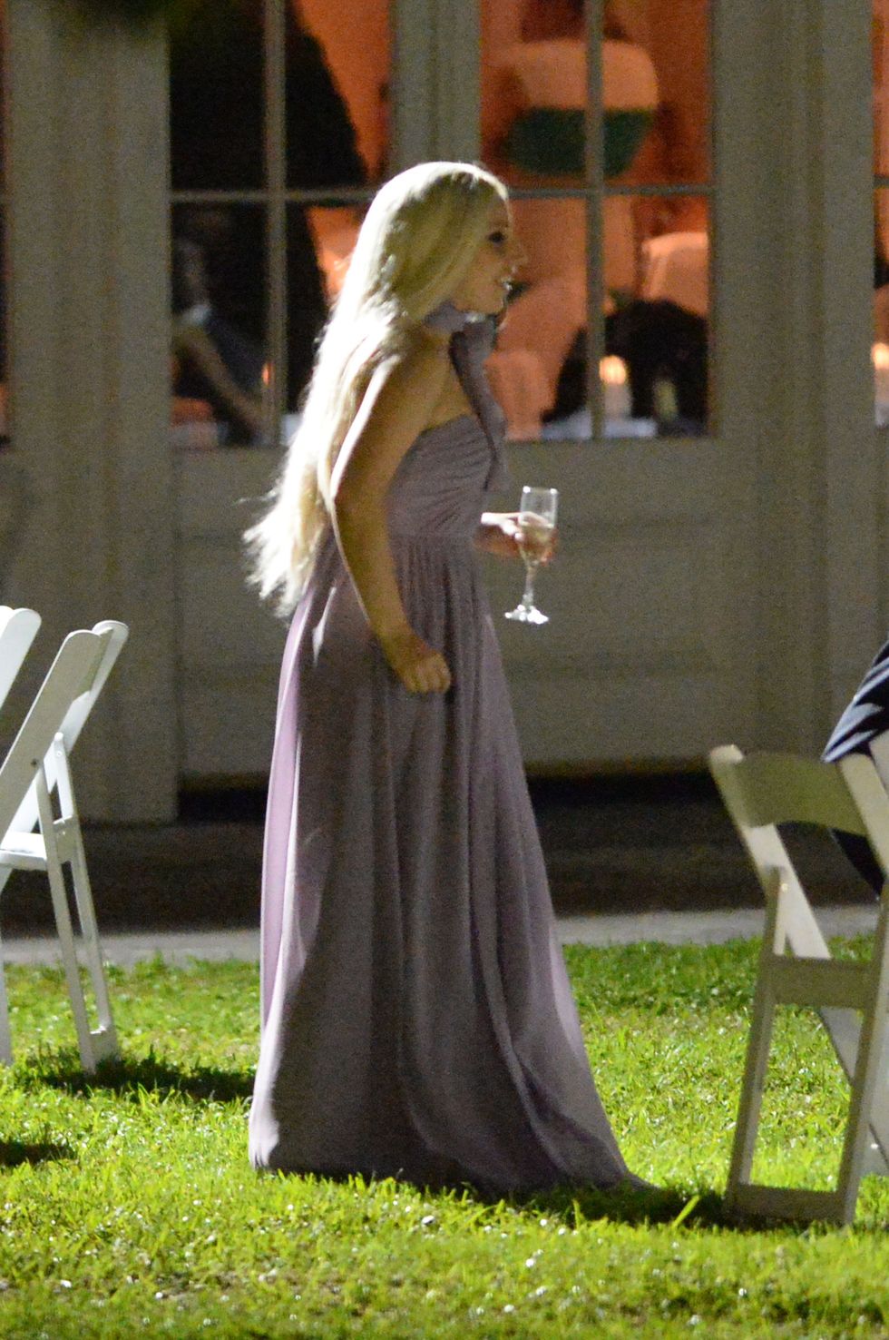 <p>Lady Gaga in a very atypical Grecian&nbsp;bridesmaid dress.</p>