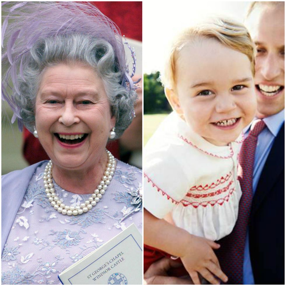 Queen Elizabeth II of England laughs as she leaves St. George's Chapel in Windsor castle after the wedding of Sophie Rhys-Jones and her son Prince Edward 19 June 1999. Buckingham Palace announced before the wedding that the the couple will be known as the Earl and Countess of Wessex. (Photo credit should read IAN WALDIE/AFP/Getty Images) Prince George at Charlotte's christening  ( Mario Testino/Art Partner via Getty Images