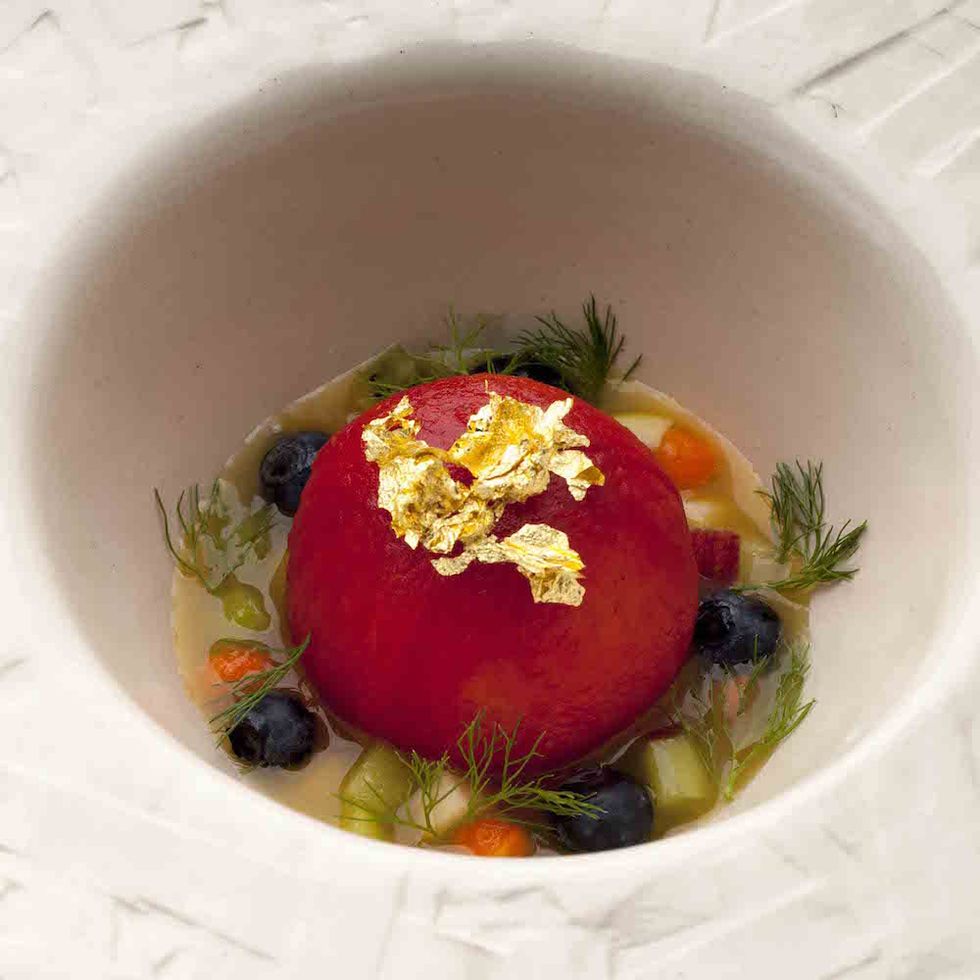 Ricette vegetariane dello chef Pietro Leemann del ristorante Joia: il dessert Pomo d'oro